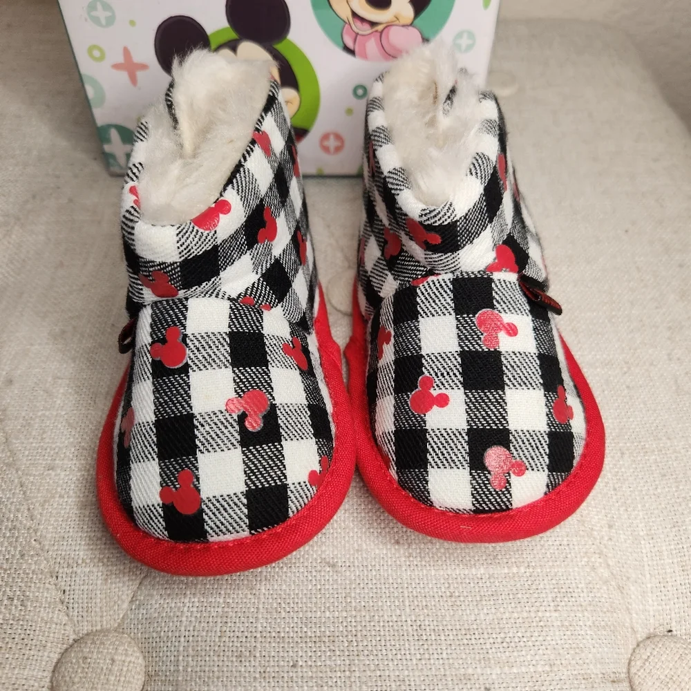 Disney baby black and red fuzzy soft sole boots
